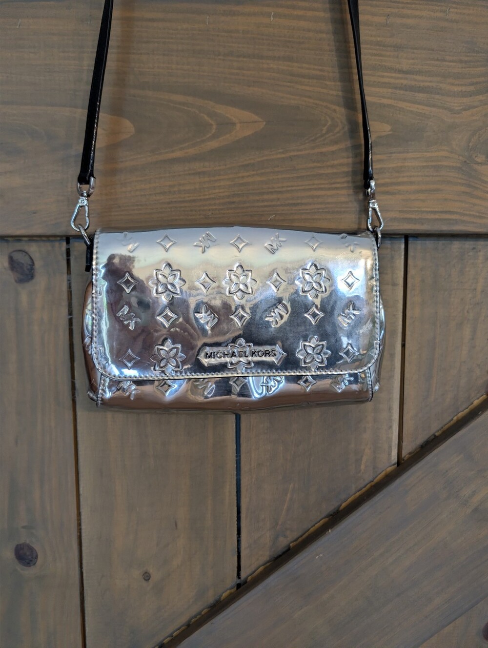 Michael Kors Metallic Silver Mirror Logo Crossbody, Excellent